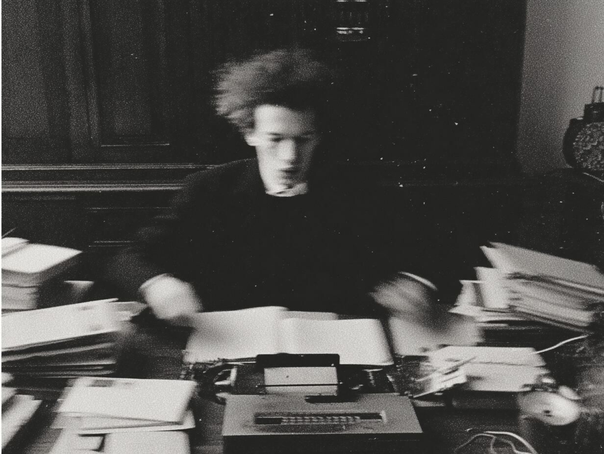 A man at a typewriter, mid-sentence, hair on end.